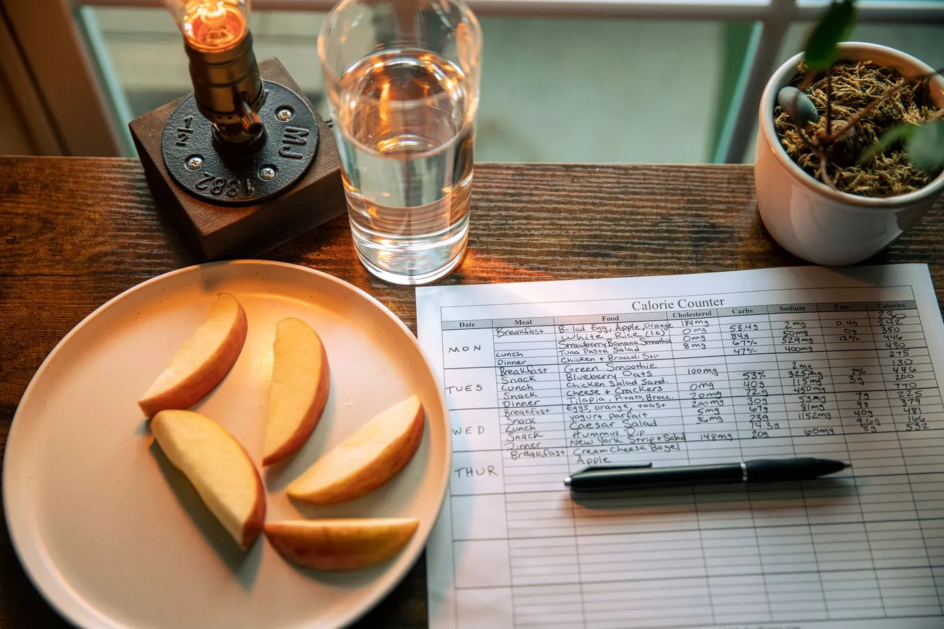 Sliced apple, a glass of water, and a handwritten calorie tracking log on a desk