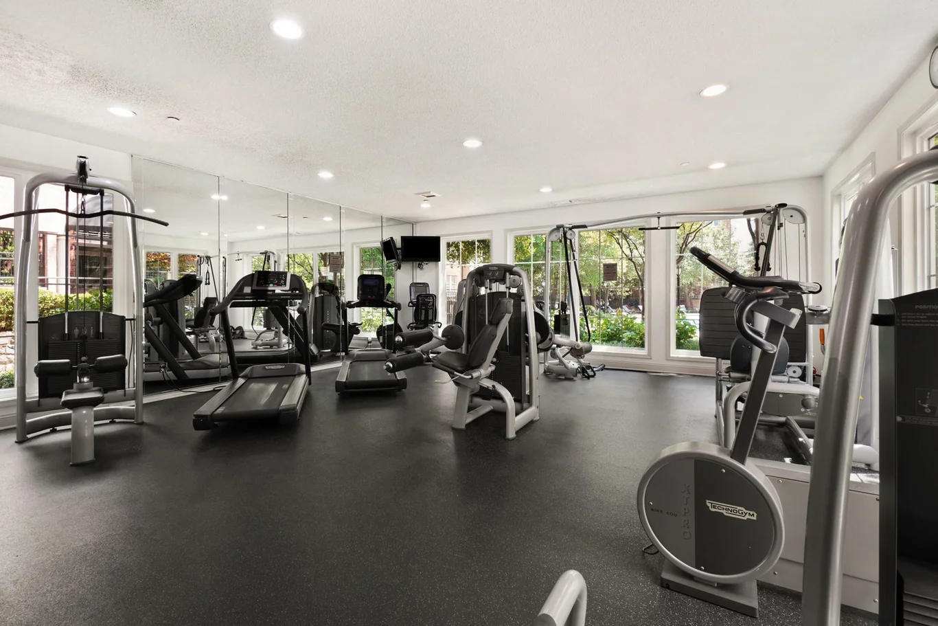 Gym floor with treadmills reflected in mirrors, cable machines, and windows overlooking greenery