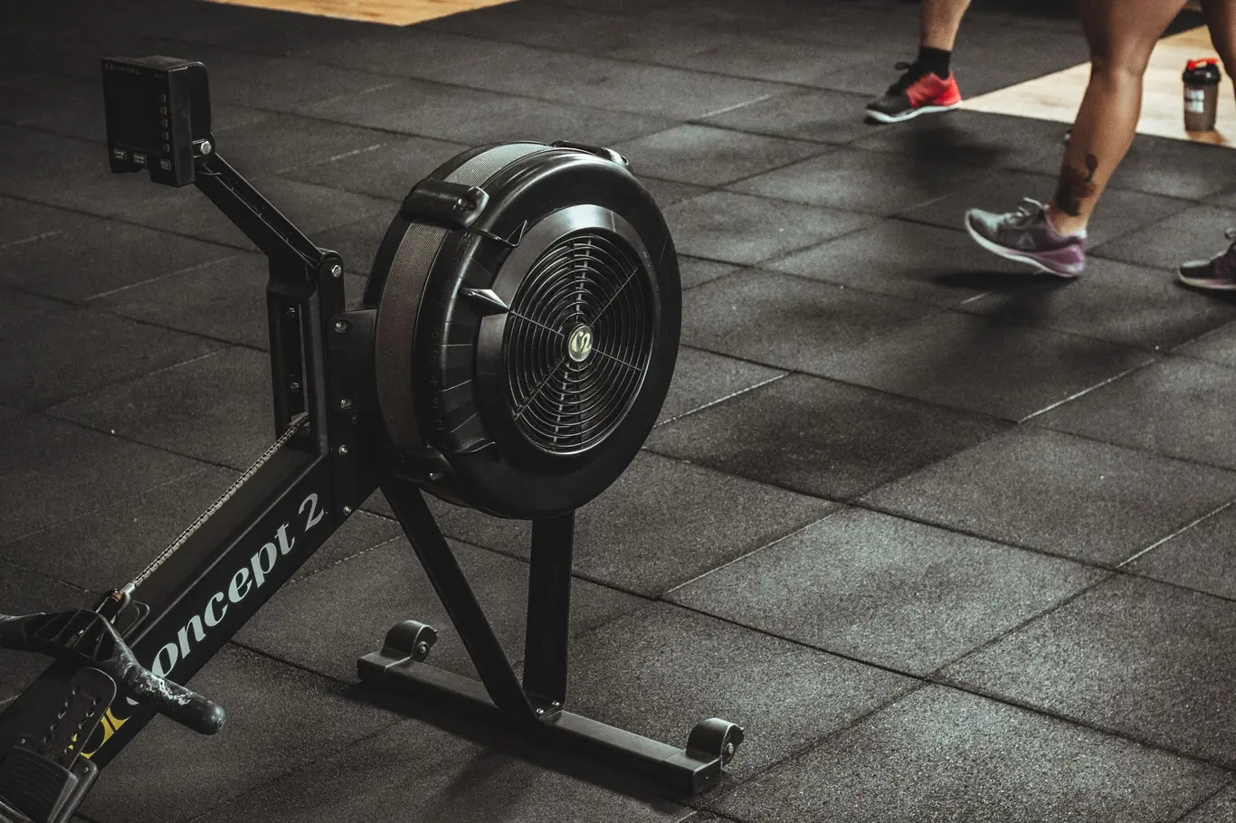 Concept2 rowing machine flywheel housing on a rubber gym floor