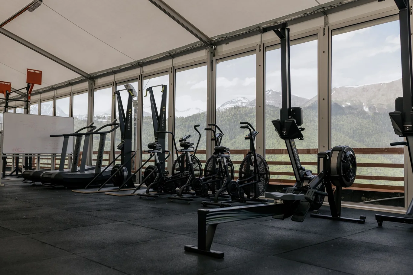 Rowing machine in a row of cardio equipment inside a bright gym with mountain view windows