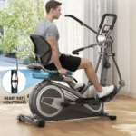 Man seated on the THERUN recumbent elliptical, side profile, pedaling with the mesh backrest visible