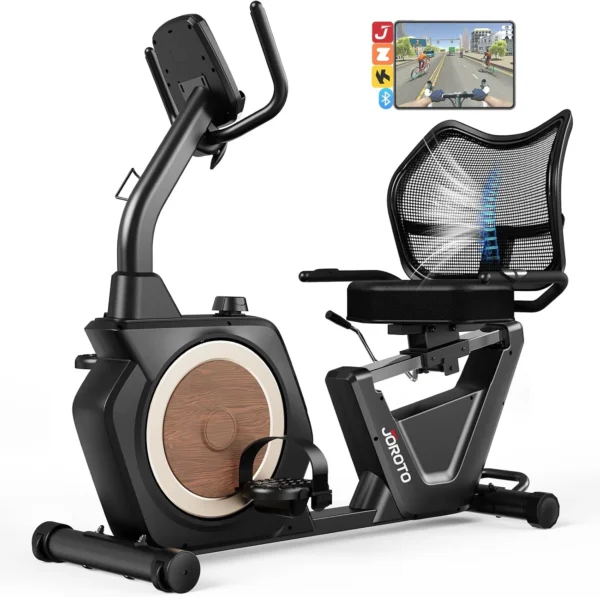 JOROTO recumbent exercise bike for seniors, three-quarter studio view showing wide cushioned seat, mesh backrest, and console with Bluetooth app icon
