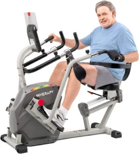 Innova RCT2025 recumbent cross trainer, three-quarter studio view, with a man using the leg harness and wrist strap