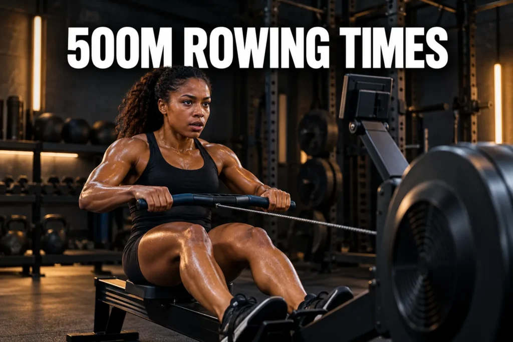 A woman doing a maximum-effort 500m rowing workout in a dark industrial gym.