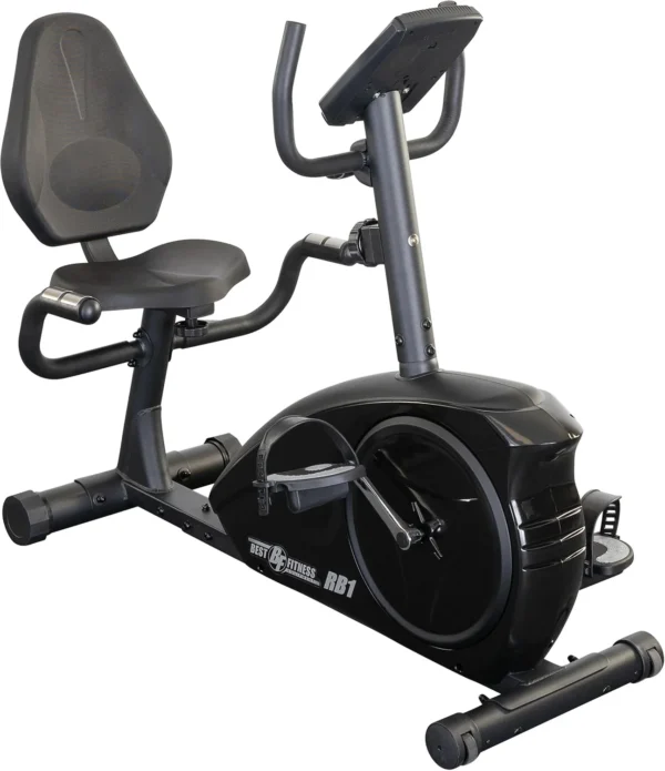 Body-Solid Best Fitness BFRB1B Recumbent Bike, three-quarter studio view showing RB1 branding on flywheel cover