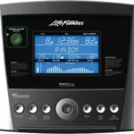 Life Fitness E1 Go Console close-up with blue LCD display