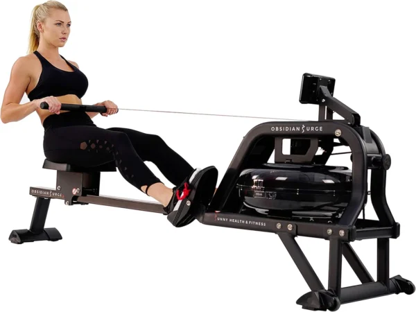 Sunny Health Fitness Obsidian Surge water rower, three quarter studio hero shot with woman rowing