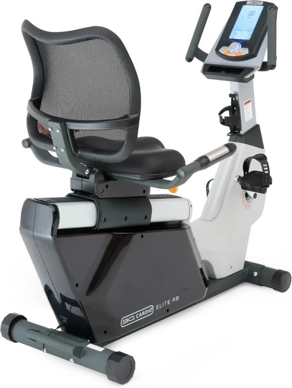 3G Cardio Elite RB X recumbent bike, three-quarter studio shot showing full frame, mesh backrest, console mount, and pedals