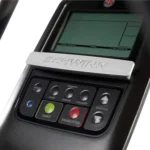 Schwinn 411 console close-up with distance, time, and calories display