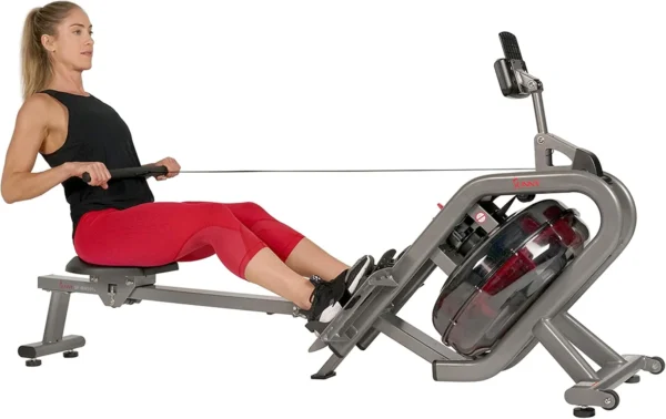 Sunny AquaStrive smart water rower, three quarter studio hero shot with woman rowing