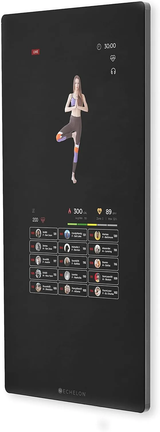 Echelon Reflect Smart Connect wall mirror displaying a live workout class on its touchscreen