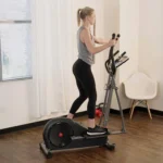 Woman using the Sunny SF-E320002 elliptical, side view in a home gym