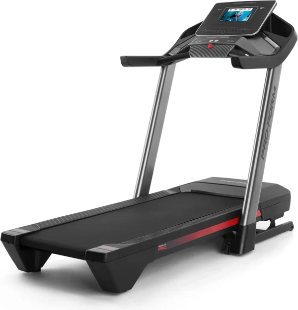 ProForm Pro SpaceSaver treadmill, three-quarter studio view showing folding frame and touchscreen
