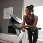 Woman resting on the ProForm Pro SpaceSaver treadmill handrail with a towel after a workout