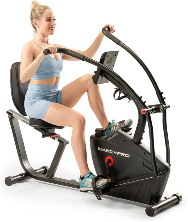 Marcy Dual Action Cross Training Recumbent Bike, three-quarter view with a woman using the arm handlebars while pedaling