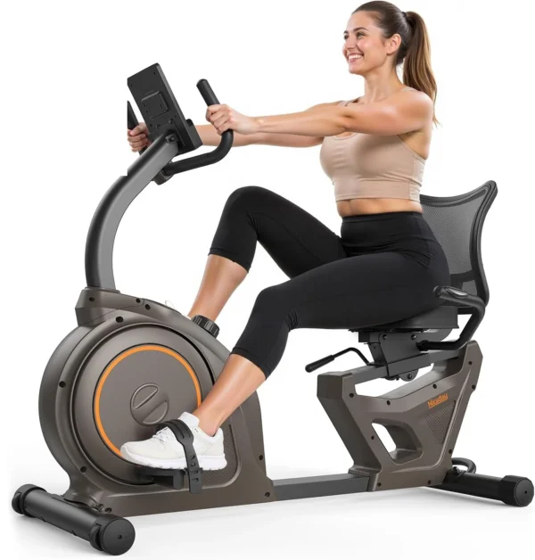 Niceday recumbent exercise bike, side profile with a woman riding it, console and pedals visible