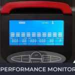 Sunny Health & Fitness Elite Recumbent Cross Trainer performance monitor LCD display close-up showing level and stats