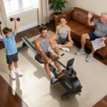 Family in a living room with the YOSUDA PRO rower, man rowing while a child cheers