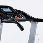 BORGUSI treadmill console close-up, front view showing LCD display, buttons and cup holders