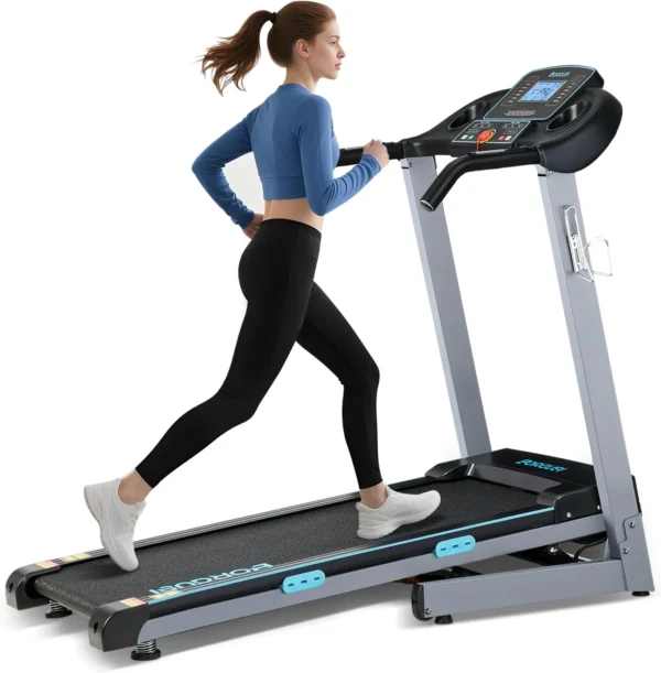 BORGUSI auto incline folding treadmill, woman running side profile, studio view