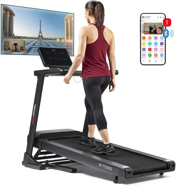 Sunny SF-T722052 treadmill in use, side view of runner with model number visible on deck