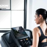 Close-up of the Horizon T202 console, EasyDial controls, and tablet holder