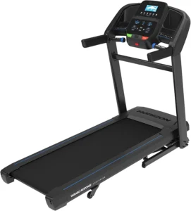 Horizon Fitness T202 treadmill, three quarter studio view