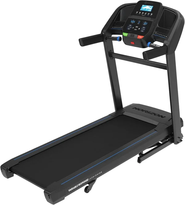 Horizon Fitness T202 treadmill, three quarter studio view