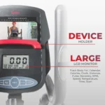 Sunny SF-E320048 elliptical console close-up showing LCD monitor and device holder