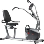 Side profile studio shot of the Sunny Smart Recumbent Cross Trainer showing frame, seat, elliptical-style arm handles and console mount