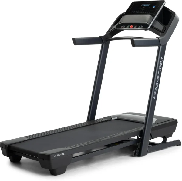 ProForm Carbon TL treadmill three-quarter studio view showing console and folded arm
