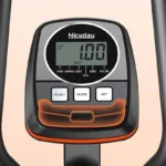Close-up of the Niceday elliptical console showing time, speed, distance, and pulse readouts