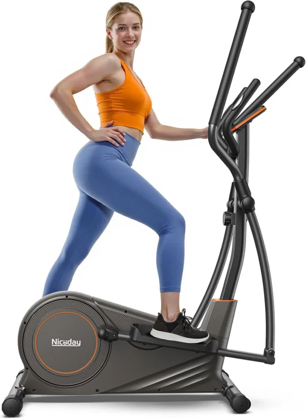 Niceday 15.5-inch stride elliptical, three-quarter studio shot with a woman using it
