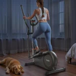Woman using the Niceday 15.5-inch stride elliptical from behind in a dim bedroom, dog resting nearby