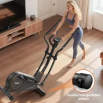 Woman wheeling the Niceday elliptical on its transport wheels across a living room