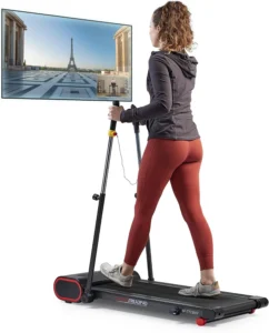 Sunny Health and Fitness Treadpad with trekking poles, lifestyle hero showing a runner and workout scene on TV