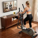 Woman using the Niceday Hyper-Quiet elliptical with workout stats mirrored to a TV via Bluetooth