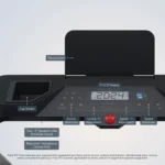 NordicTrack T Series T5 console close-up showing basic 5 inch LCD display, device shelf and cup holder