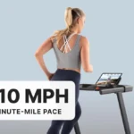 Runner at speed on the NordicTrack T Series T5 treadmill with tablet propped on the device shelf
