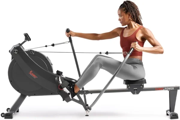 Sunny Smart 360 dual-function magnetic rower, three quarter studio hero shot with woman rowing