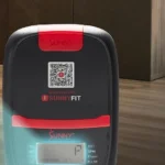 Close-up of the Sunny smart magnetic rower console with SunnyFit app QR code
