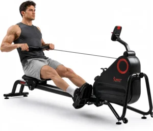 Sunny Health Fitness Smart Magnetic Rower, three quarter studio hero shot with man rowing