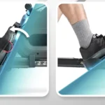 Close-up of the Sunny smart magnetic rower foot strap and pedal pivot mechanism