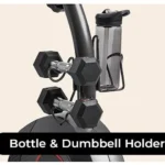 Sunny Health & Fitness Smart Recumbent Bike built-in bottle and dumbbell holder close-up