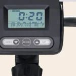 Sunny Health & Fitness Smart Recumbent Bike console monitor close-up showing LCD display and mode buttons