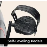 Sunny Health & Fitness Smart Recumbent Bike self-leveling pedal close-up with adjustable strap