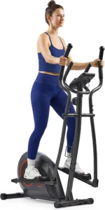 Woman using the Sunny SF-E324005 upright elliptical, three-quarter view