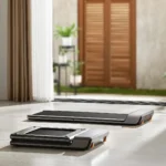 WalkingPad P1 shown folded in front and fully unfolded behind it