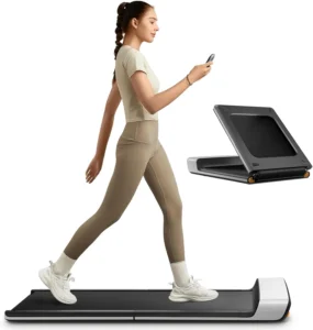 WalkingPad P1 foldable walking pad, side profile with a person walking, folded unit inset