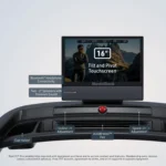 NordicTrack Commercial 1750 console close-up showing 16 inch tilt and pivot touchscreen and control buttons